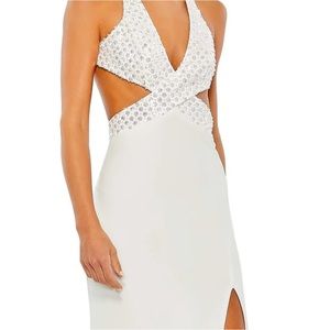 Mac Duggal White Hot SEQUINED CRISS CROSS BODICE GOWN